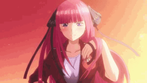 a girl with long pink hair and blue eyes is wearing a jacket