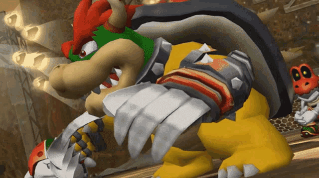 a cartoon character named bowser is holding a sword in his hand