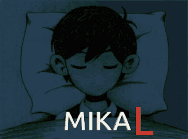 a cartoon of a boy laying in bed with the name mikal on the bottom right