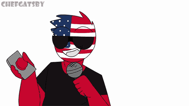 a cartoon of a man with an american flag on his head holding a microphone with chefgatsby written on the bottom