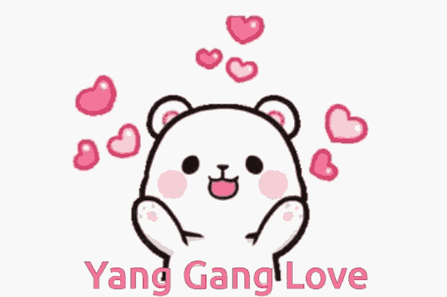 a cartoon bear is surrounded by pink hearts and the words yang gang love