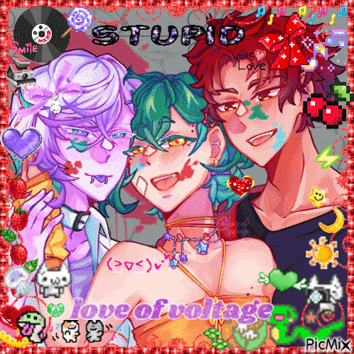 a picture of three anime characters with the words stupid love of voltage below them