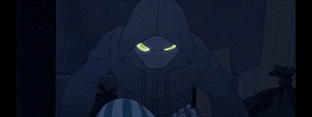 a cartoon character with glowing yellow eyes and a hood on
