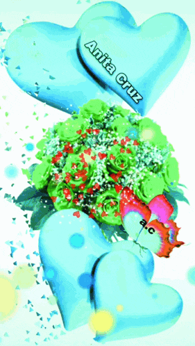 a picture of a bouquet of flowers and two hearts with anita cruz written on them