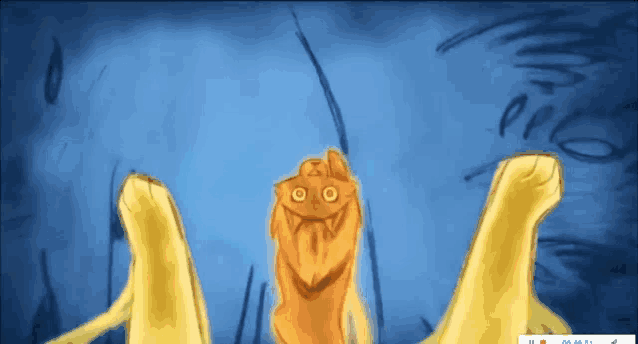 a drawing of a cat with a blue background and a yellow paw
