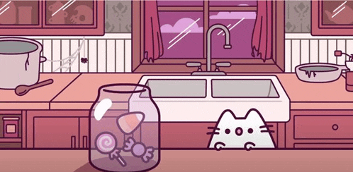 a cartoon illustration of a kitchen with a jar of candy on the counter .