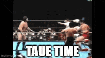 a group of wrestlers are fighting in a ring with the words taue time written on the bottom