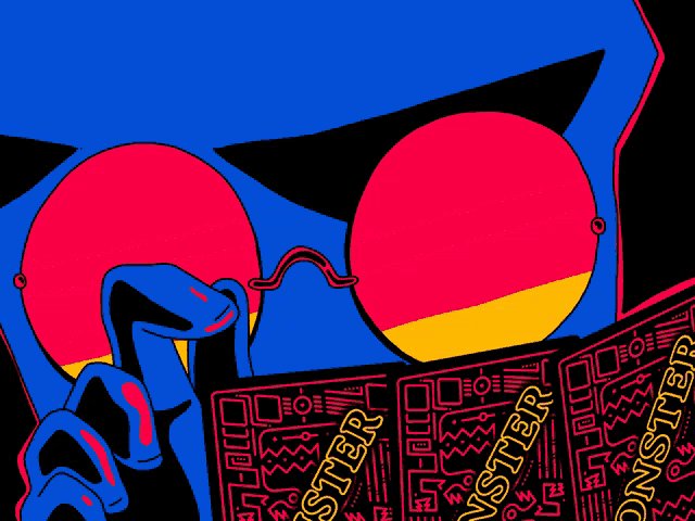 a cartoon drawing of a person reading a book called monster