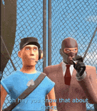 two cartoon characters are standing next to each other in front of a fence .