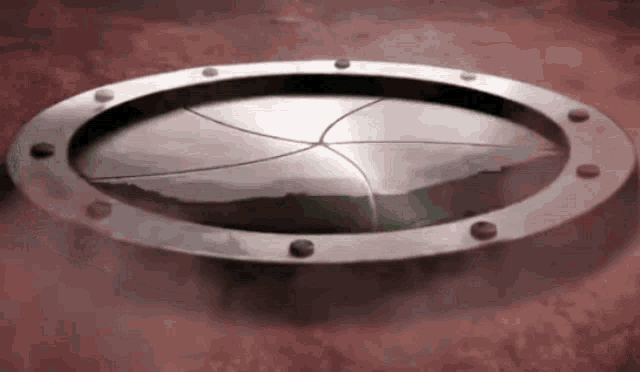 a metal circle with a hole in the middle of it is sitting on a red surface .