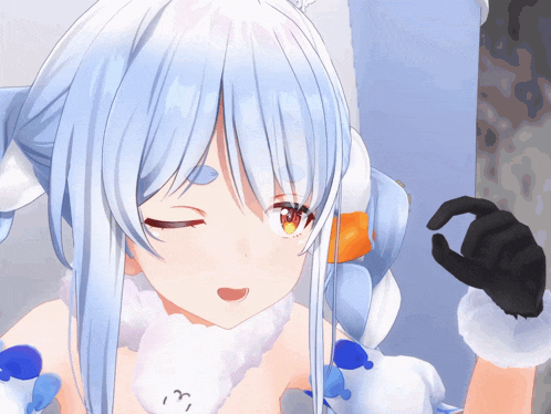 a close up of a cartoon character with the number 13 on her ear