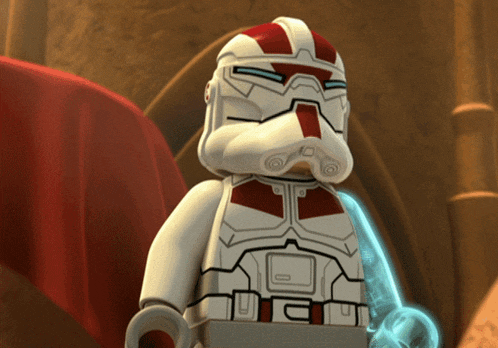 a lego storm trooper with a red and white helmet and a blue glowing arm
