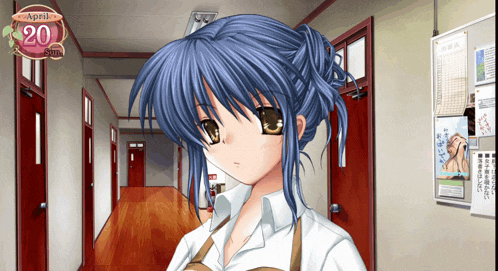 a girl with blue hair is in a hallway with a sign that says april