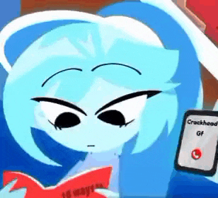 a blue cartoon character is reading a book and holding a cell phone that says crackhead gf