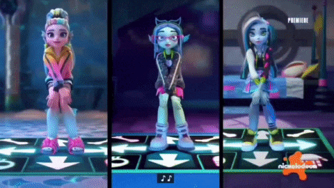 three monster high girls are dancing on a dance mat