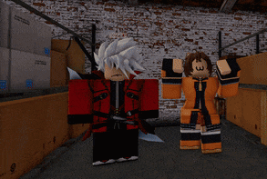 two roblox characters are standing in a room with boxes and one has the number 3 on his chest