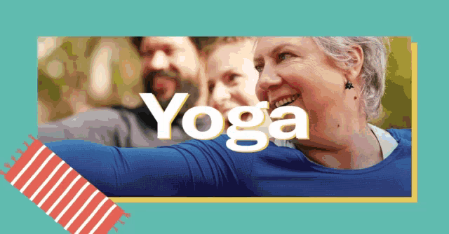 a woman in a blue shirt is smiling in front of a group of people with the word yoga above her
