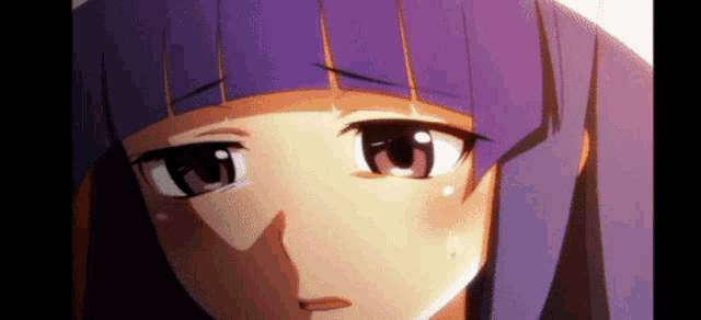 a close up of a purple haired anime character