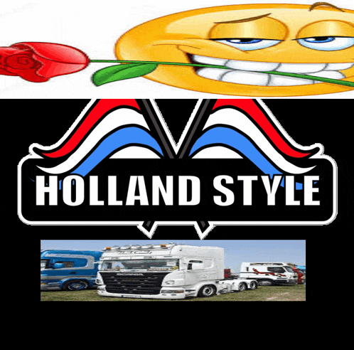 a smiley face with a rose in its mouth and a sign that says holland style on it
