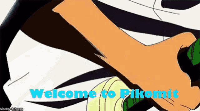 a cartoon character says welcome to pikomit on the bottom