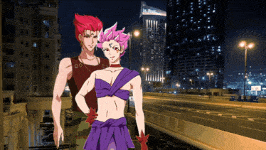 a couple of anime characters standing in front of a building that says la plaza