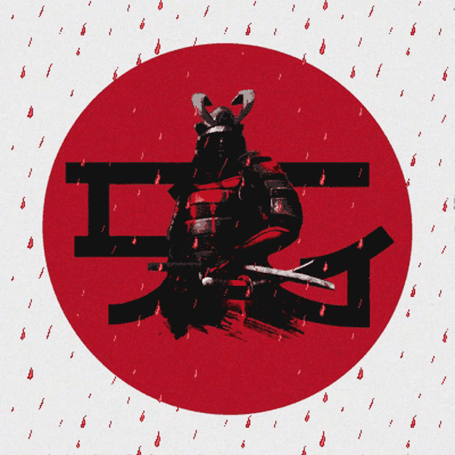 a samurai holding a sword in front of a red circle with chinese characters