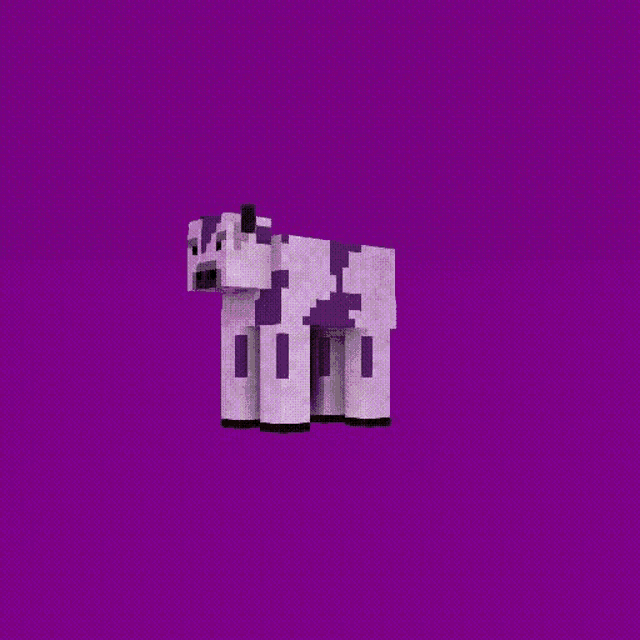 a purple and white minecraft cow with a black nose