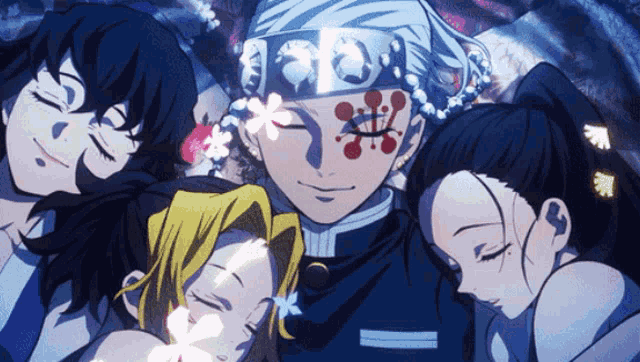 a group of anime characters with one wearing a bandana that says " foo "