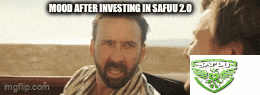 a man with a beard is talking to another man with the words " mood after investing in safuu 2.0 " above him