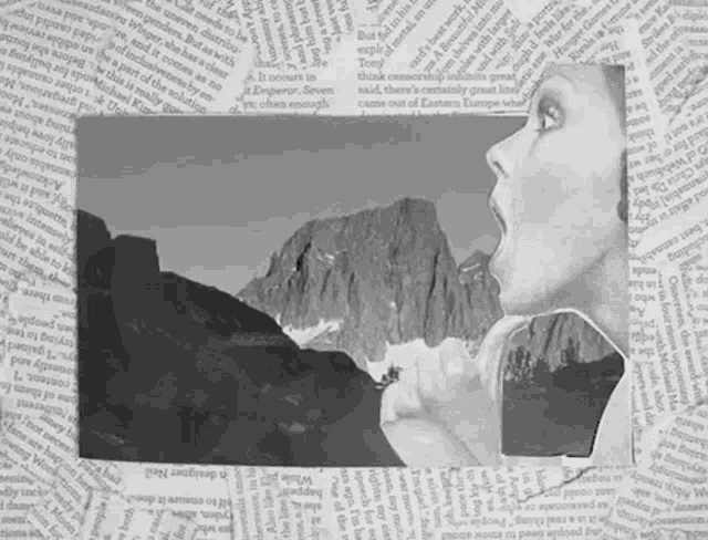 a black and white photo of a woman with a mountain in the background is surrounded by newspaper clippings
