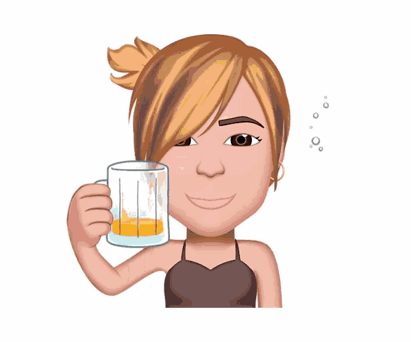 a cartoon woman is holding a glass of orange juice in her hand