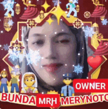 a woman 's face is surrounded by cartoon characters and a sign that says owner bunda mrh merynote