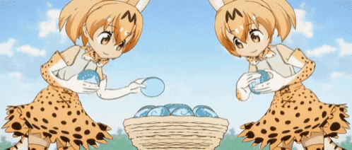two anime girls are standing next to each other holding eggs