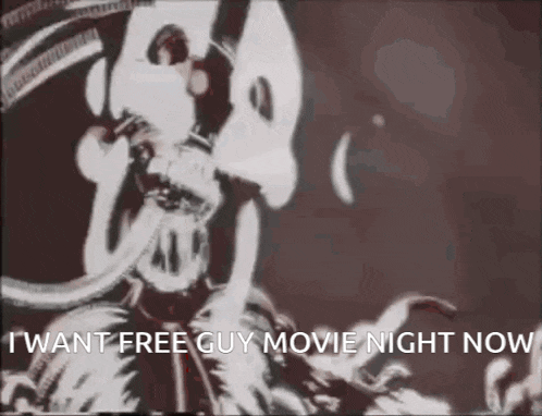 a black and white drawing of a skeleton with the words `` i want free guy movie night now '' written on it .