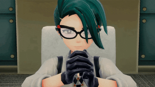 a cartoon character with green hair and glasses sits in a chair