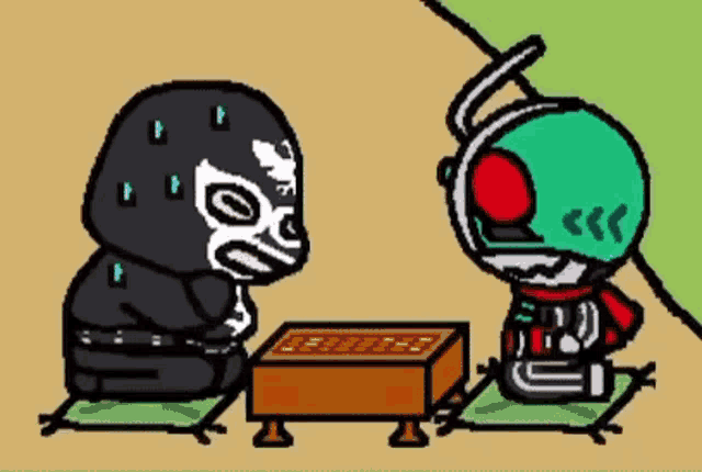 a cartoon of a masked man sitting next to another masked man