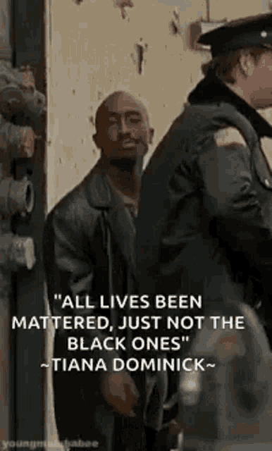 a man in a leather jacket is standing next to a police officer with a quote on it .