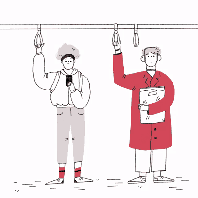 a drawing of two people hanging on a railing one holding a cell phone and the other holding a folder
