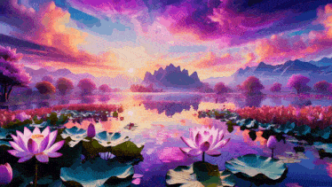 a painting of a lake filled with flowers and mountains in the background