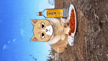 a cat with a bottle of liquor and a plate of food