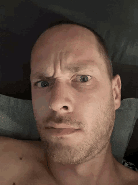 a shirtless man with a beard looks at the camera