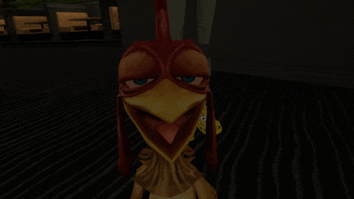a cartoon chicken with its mouth open and a red beak