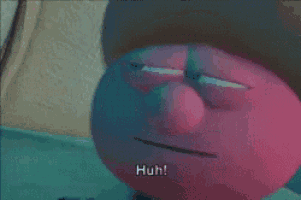 a pink cartoon character with a big nose is smiling and says huh .