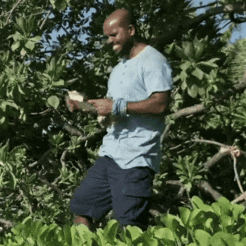 a man in a blue shirt and blue shorts is standing in the woods looking at his phone
