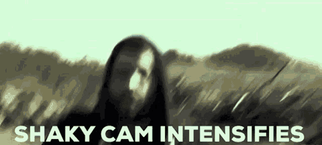 a couple of people standing in a field with the words shaky cam intensifies written on the bottom .