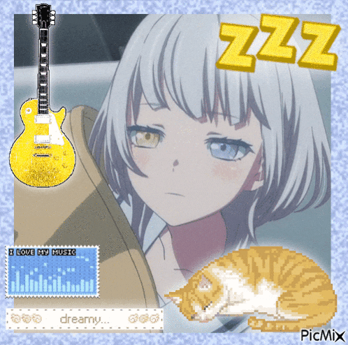a picture of a girl with a cat and a guitar with the word zzz on top
