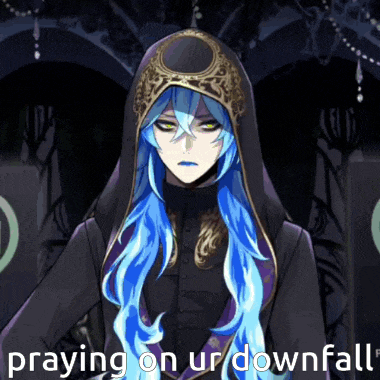 a man with blue hair is praying on ur downfall in a dark room