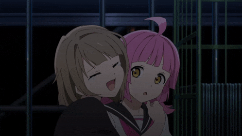 a group of anime girls are hugging each other