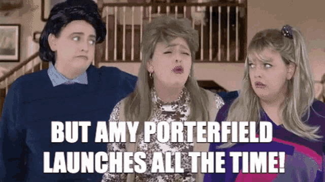 a group of women are standing next to each other and one of them says but amy porterfield launches all the time .