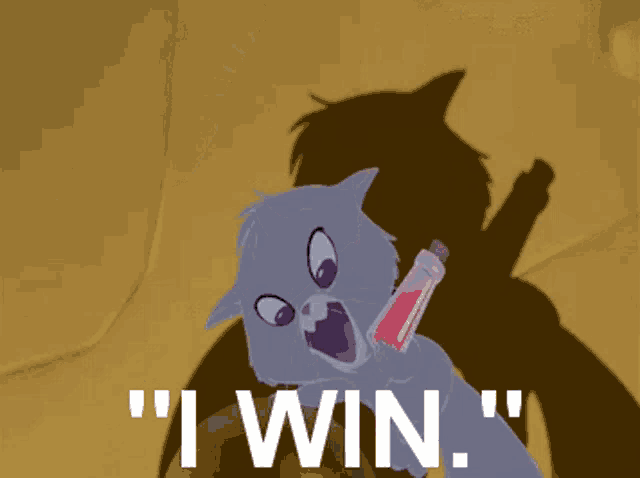a cartoon cat is holding a bottle and says " i win " in white letters
